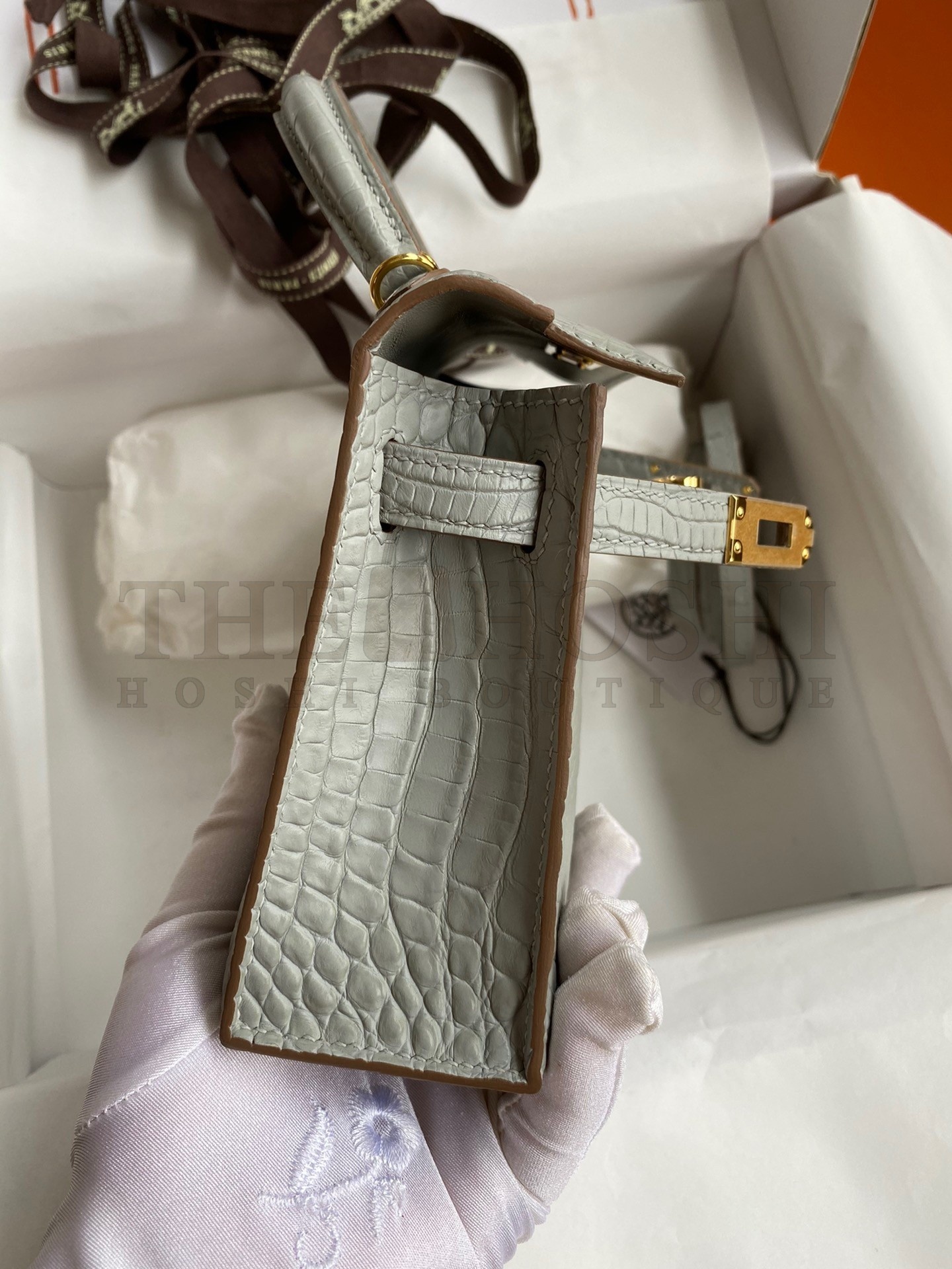 H**me5 Kelly Mini II Sellier Handmade Bag In Pearl Grey Matte Alligator Leather Master Quality