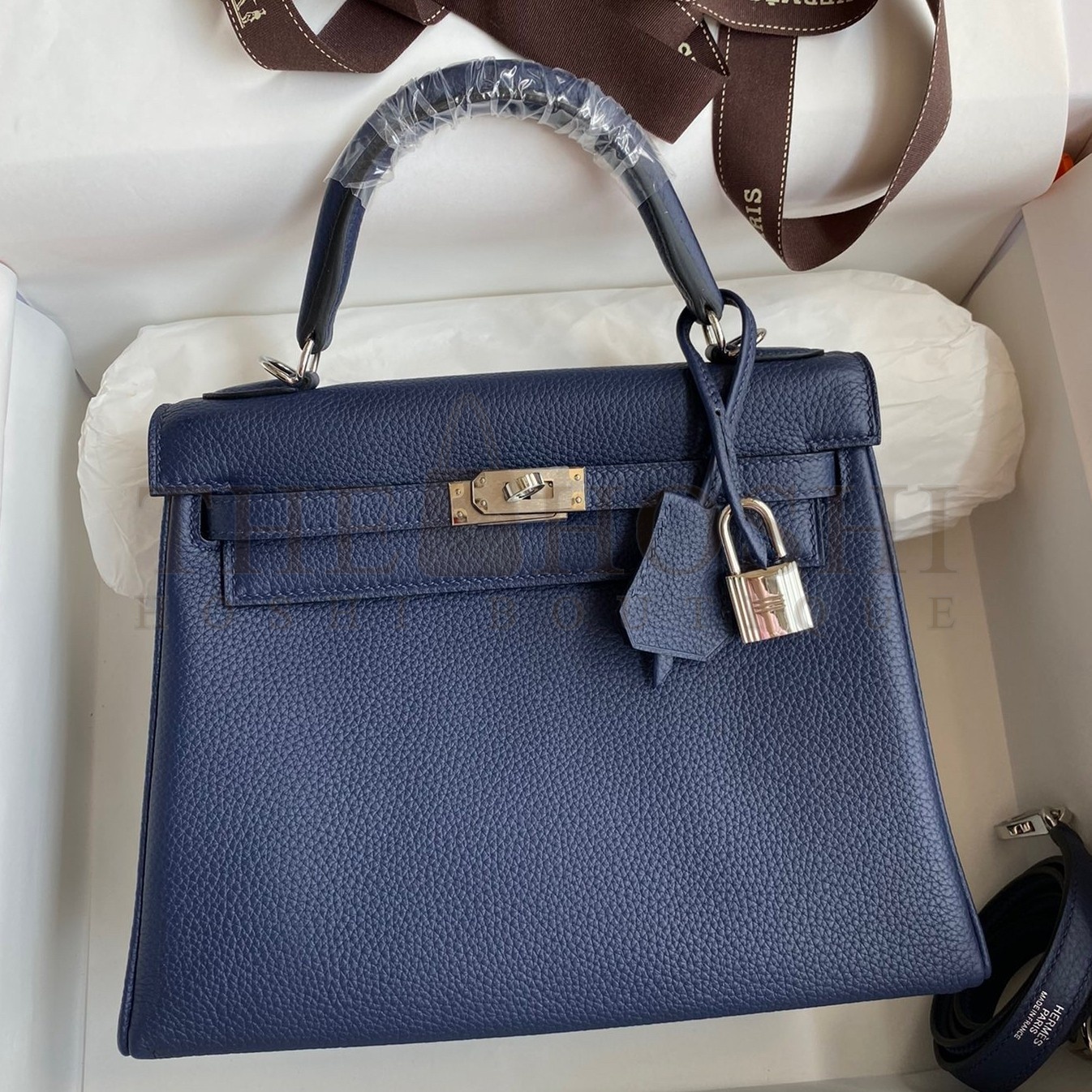 H**me5 Kelly Retourne 25 Handmade Bag In Blue Saphir Clemence Leather Master Quality