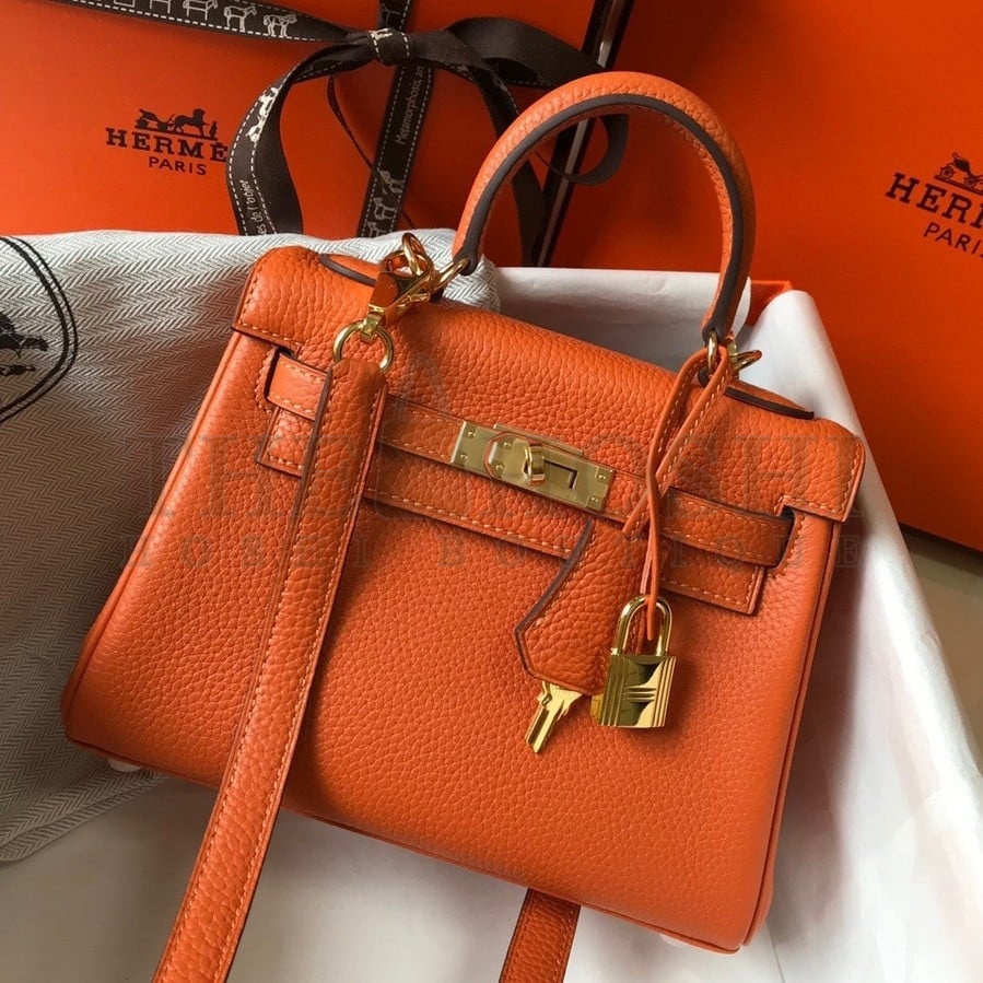 H**me5 Kelly 20cm Bag In Orange Clemence Leather GHW Master Quality