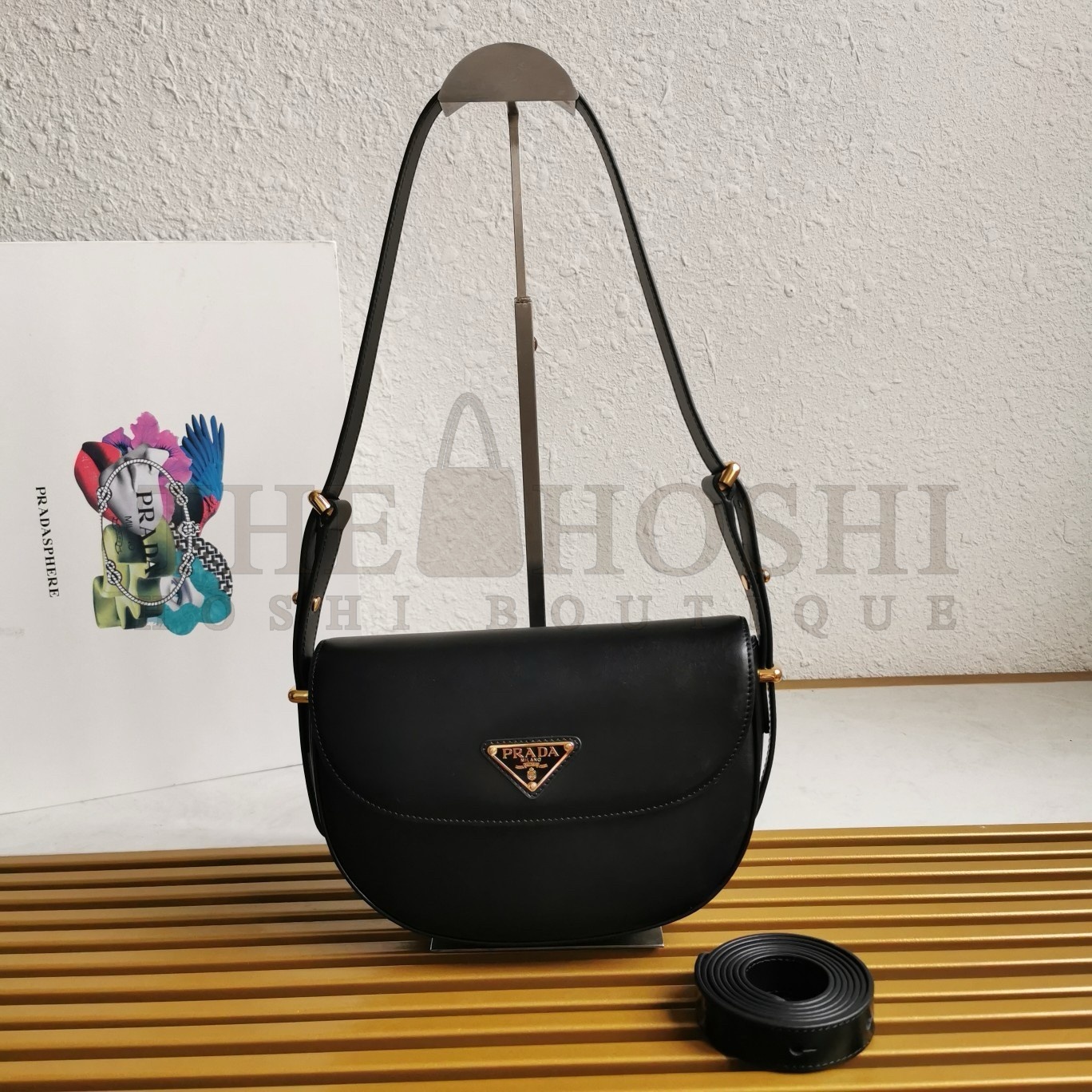 Pra*a Arque Shoulder Bag with Flap in Black Leather Master Quality