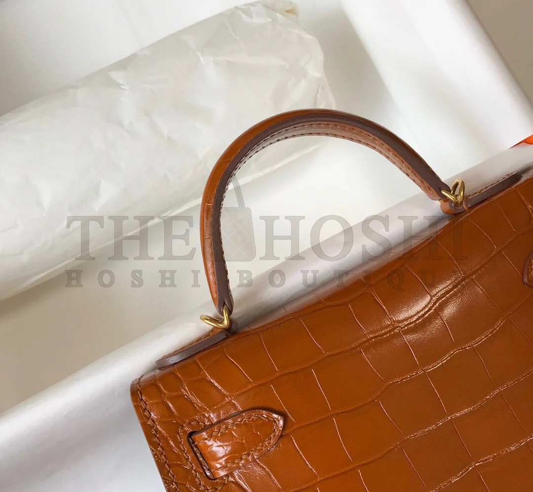 H**me5 Kelly Mini II Sellier Bag In Gold Crocodile Embossed Leather Master Quality