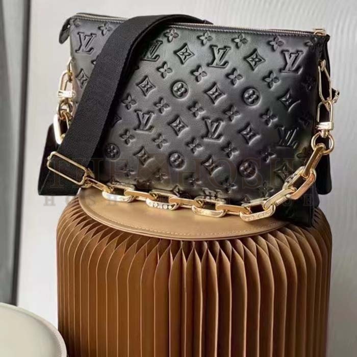 L0vis Vvtt0n LV Women Coussin MM Handbag Black Monogram Embossed Puffy Lambskin Master Quality
