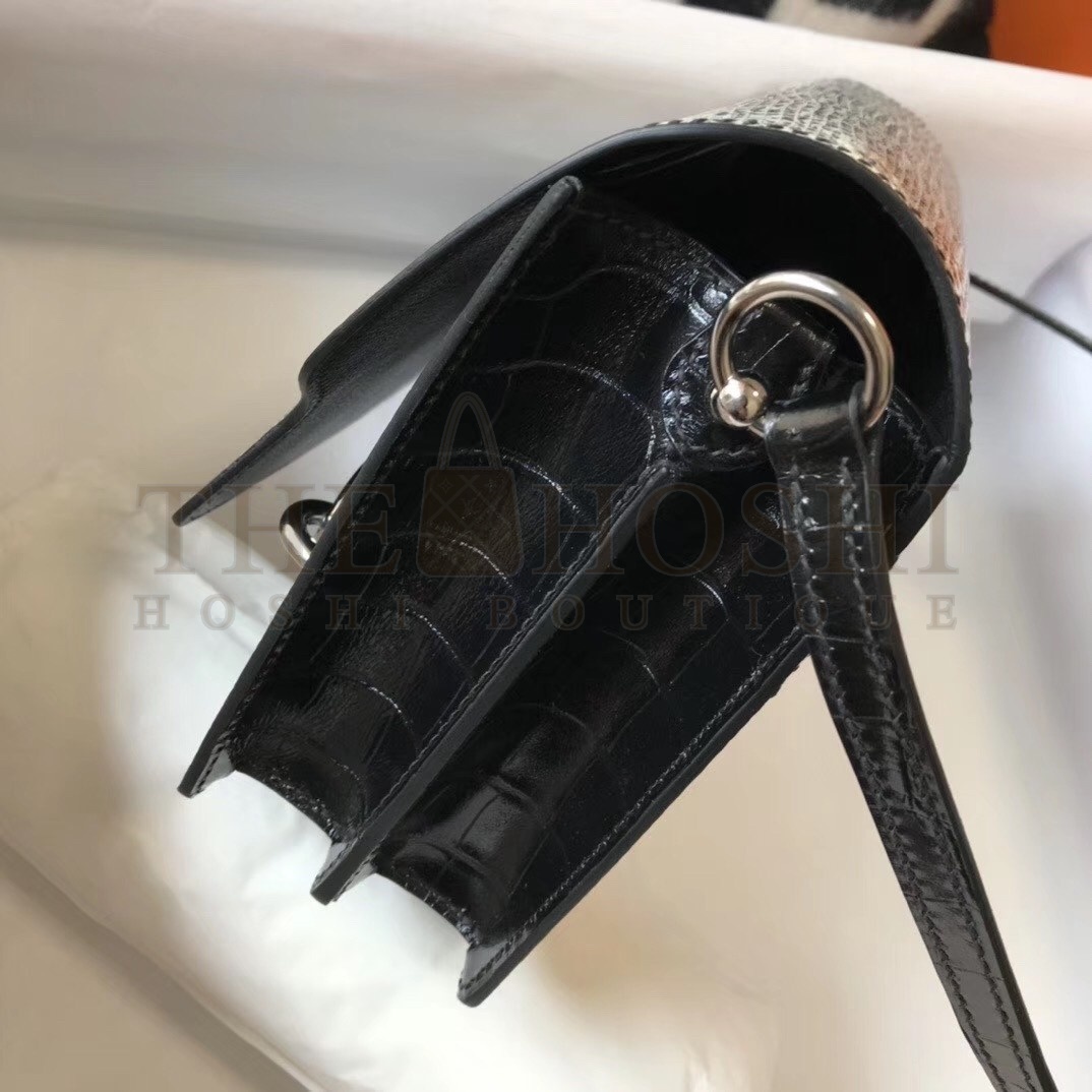 H**me5 Roulis Mini Bag In Black Crocodile With Natural Lizard Master Quality