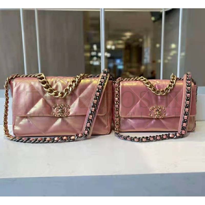 Ch**el Women 19 Flap Bag Lambskin Gold Silver-Tone Ruthenium-Finish Metal Coral Master Quality