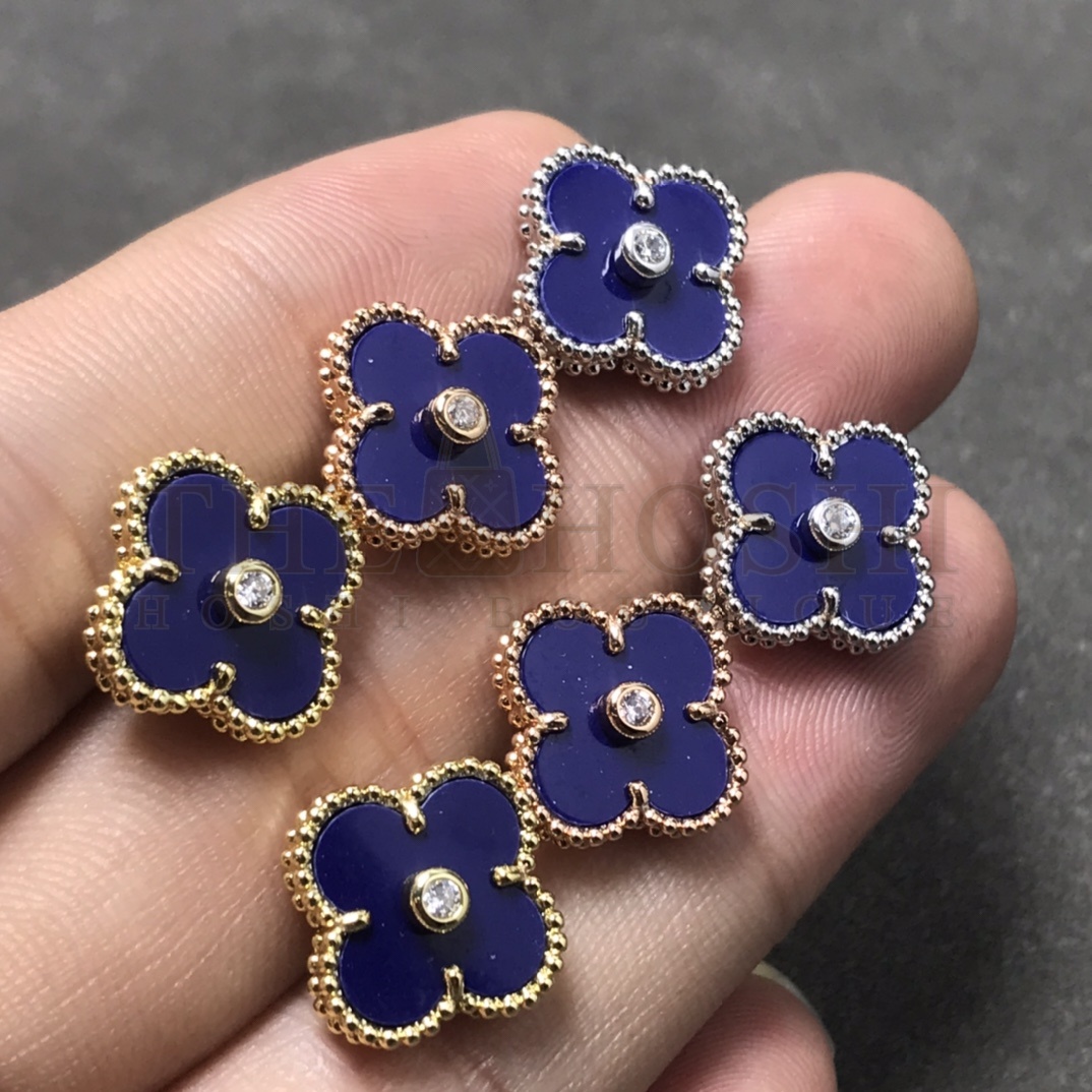V*n Cl**f & Arpels Blue Clover Stud Earrings with D1am0nds, Vintage Alhambra earrings Master Quality