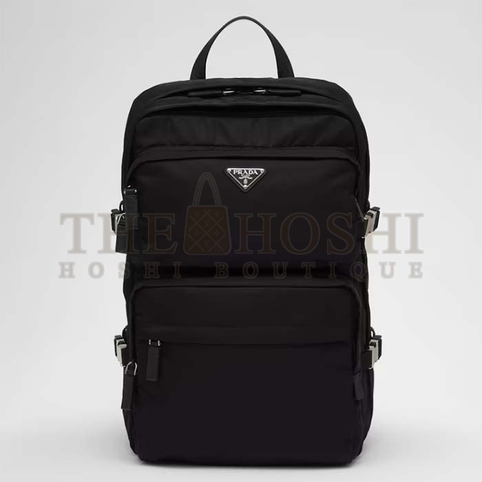 Pra*a Unisex Re-Nylon Saffiano Leather Backpack Black Fabric Zipper Master Quality