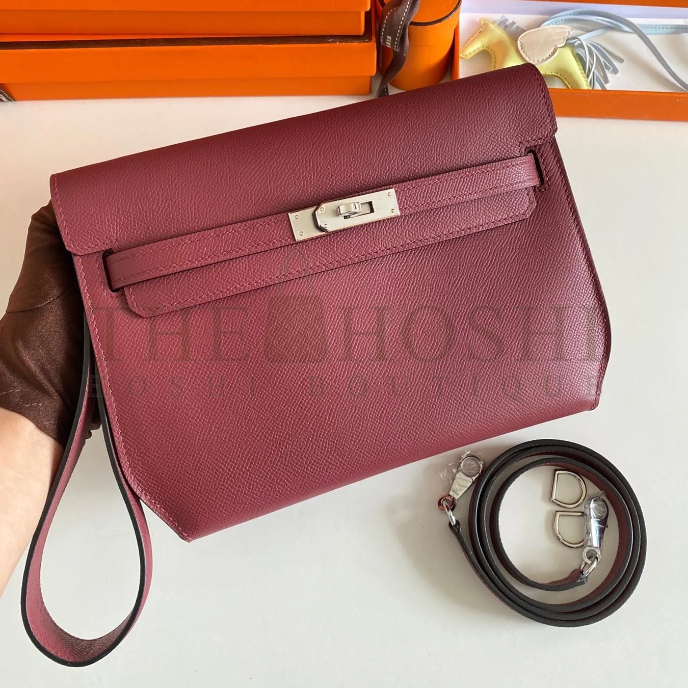 H**me5 Kelly Depeches 25 Pouch in Bordeaux Epsom Calfskin Master Quality