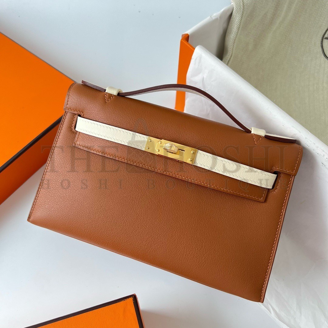 H**me5 HSS Kelly Pochette Bicolor Bag in Gold and Craie Swift Calfskin Master Quality