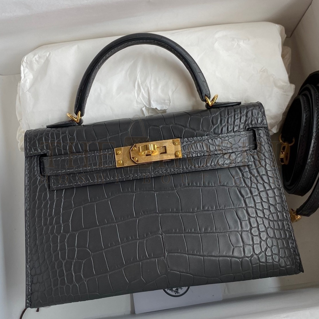 H**me5 Kelly Mini II Sellier Handmade Bag In Graphite Matte Alligator Leather Master Quality