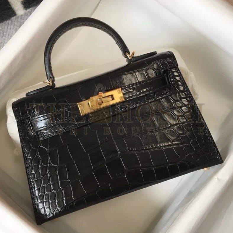 H**me5 Kelly Mini II Bag In Black Embossed Crocodile Calfskin Master Quality
