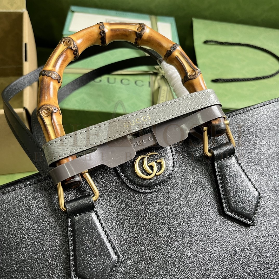 Gvc*1 Women Diana Medium Tote Bag Double G Black Leather Bamboo Handles Master Quality