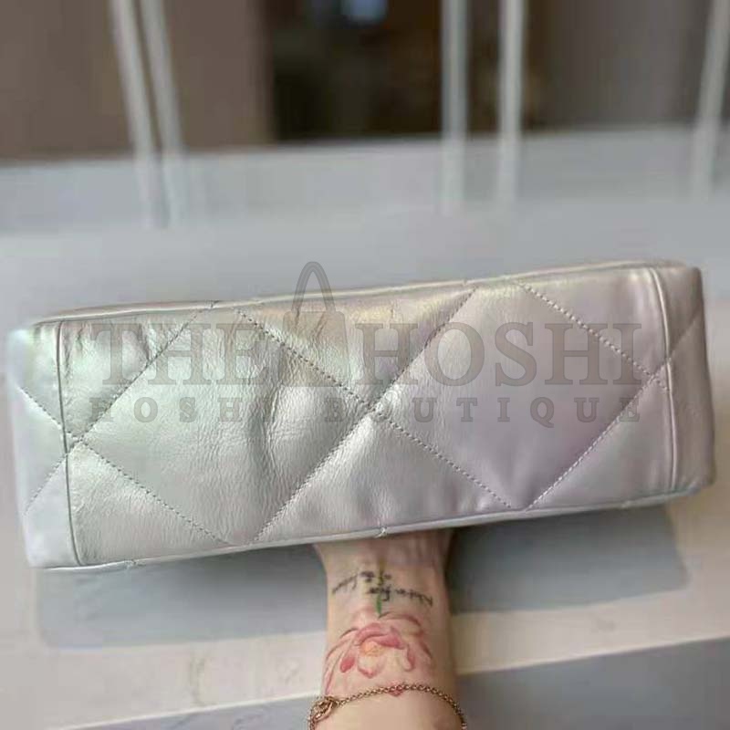 Ch**el Women 19 Large Flap Bag Iridescent Calfskin Gold Silver-Tone &amp; Ruthenium-Finish Metal White Master Quality