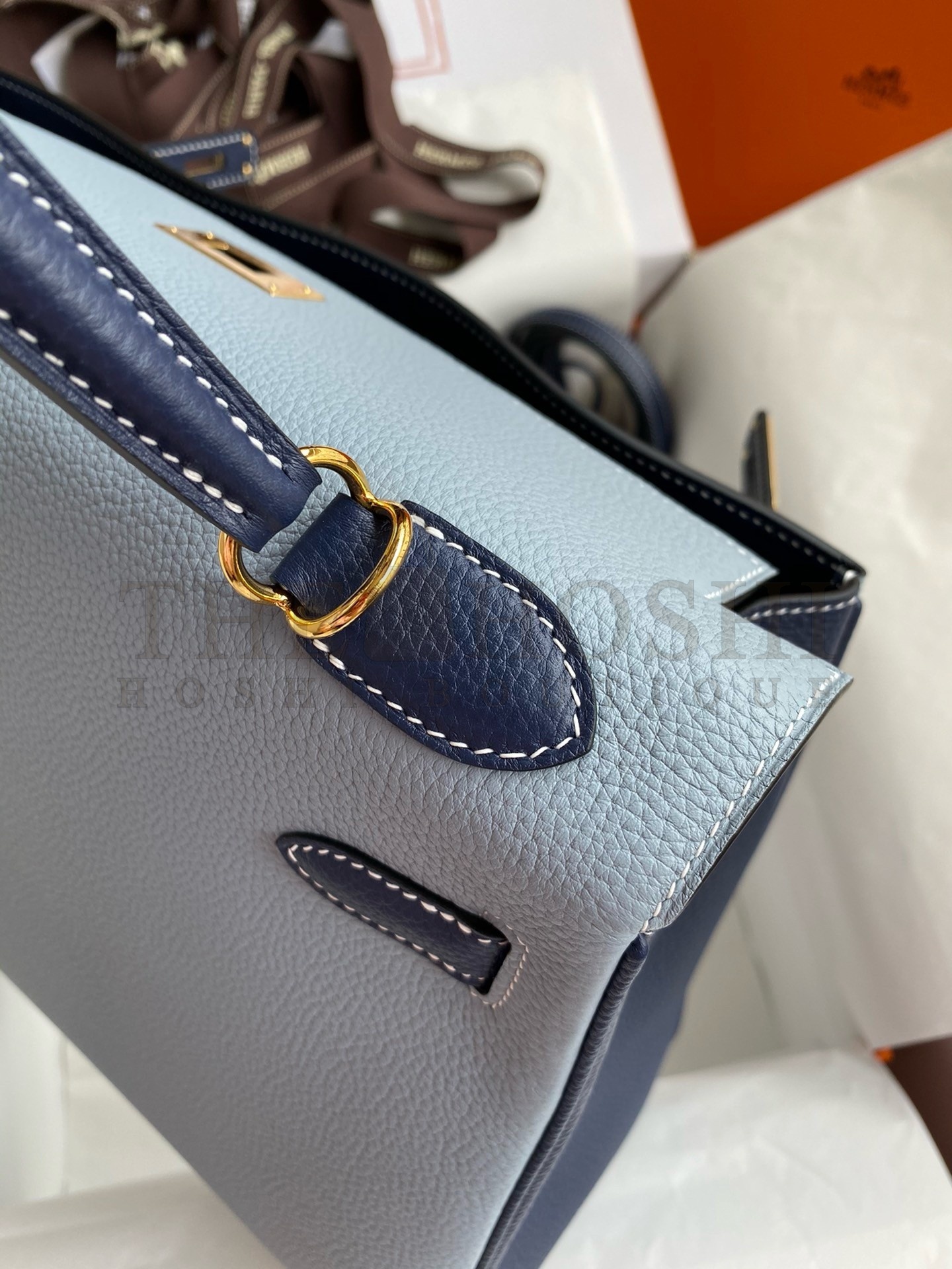 H**me5 HSS Kelly 32 Bicolor Bag in Blue Lin and Blue Clemence Leather Master Quality