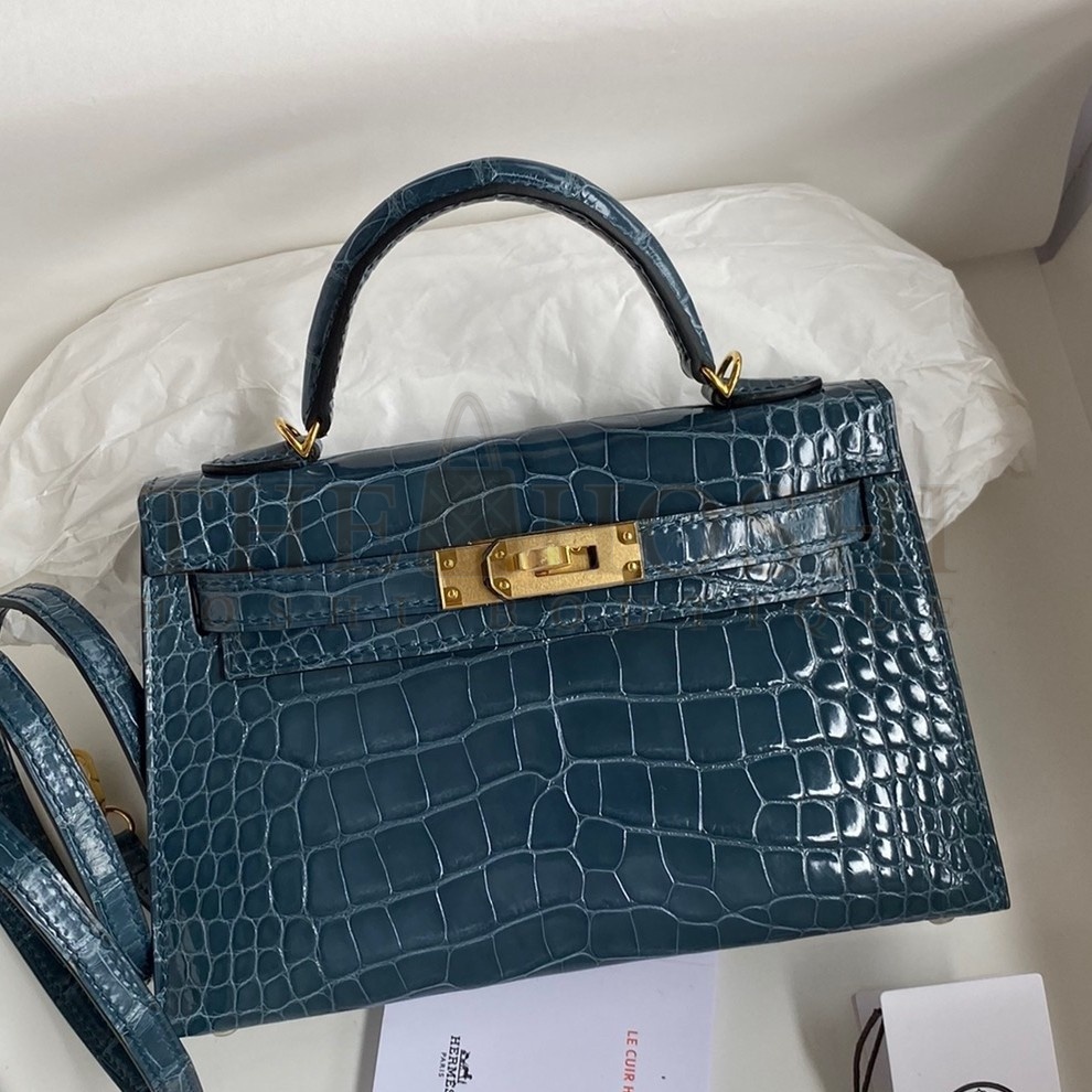H**me5 Kelly Mini II Sellier Handmade Bag In Blue Jean Shiny Alligator Leather Master Quality