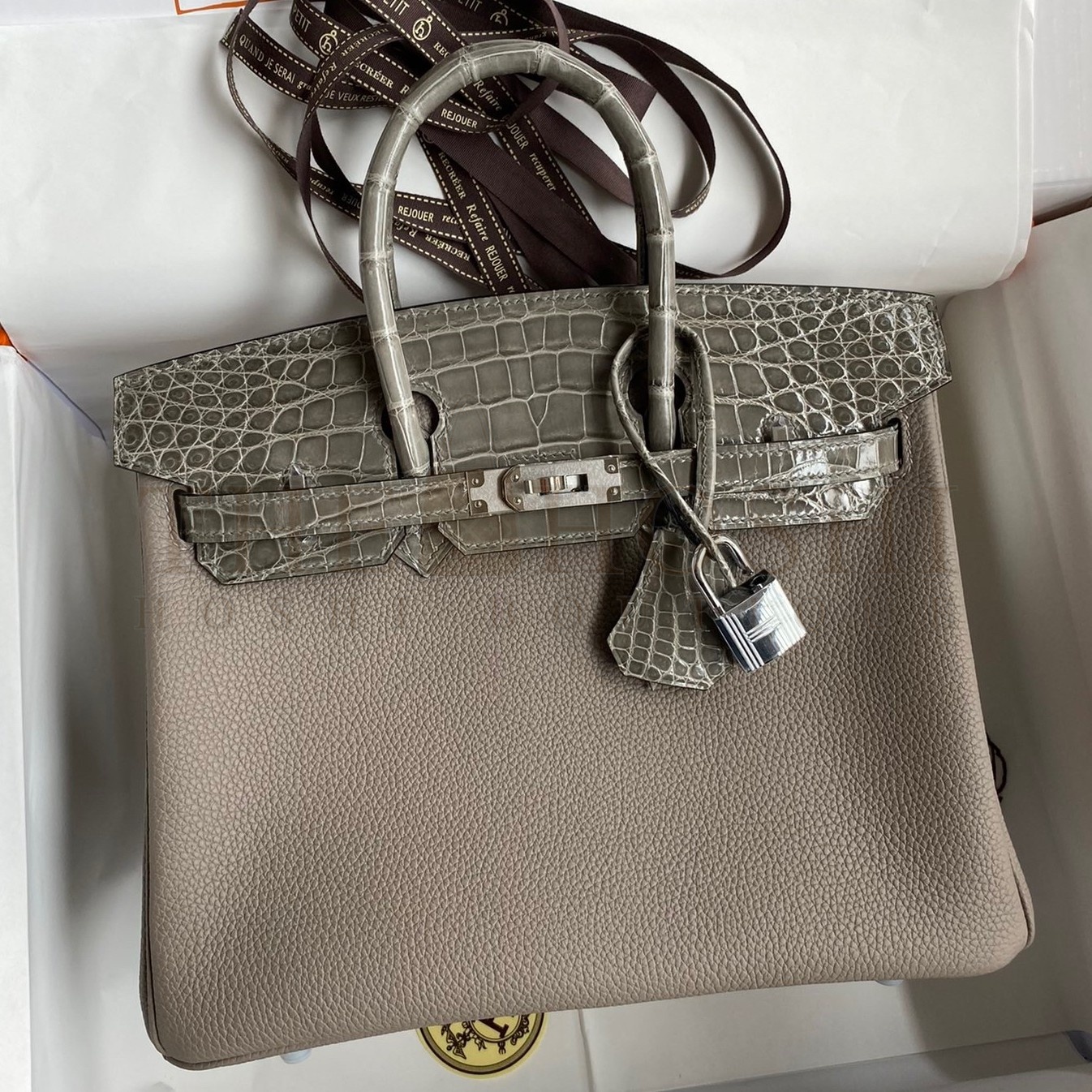 H**me5 Touch Birkin 25 Bag In Gris Asphalt Shiny Niloticus Crocodile Skin Master Quality