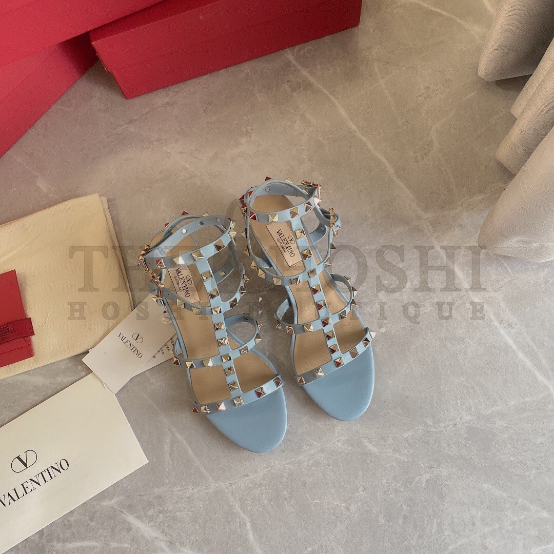 Va1e*ntin0 Rockstud Ankle Strap Sandals 60mm In Blue Calfskin Master Quality