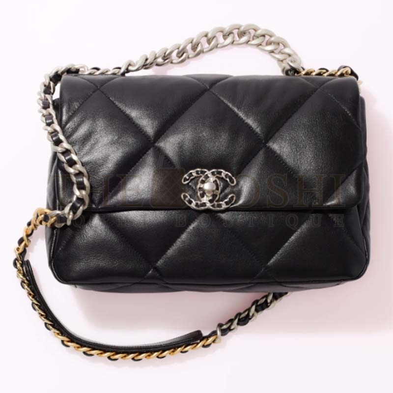 Ch**el Women 19 Large Handbag Lambskin Gold Silver-Tone Ruthenium-Finish Metal Black Master Quality
