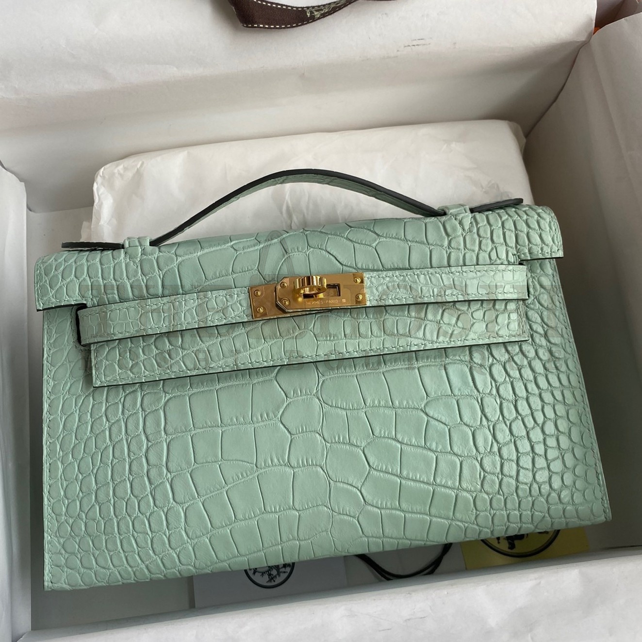 H**me5 Kelly Pochette Handmade Bag In Vert D'eau Matte Alligator Leather Master Quality