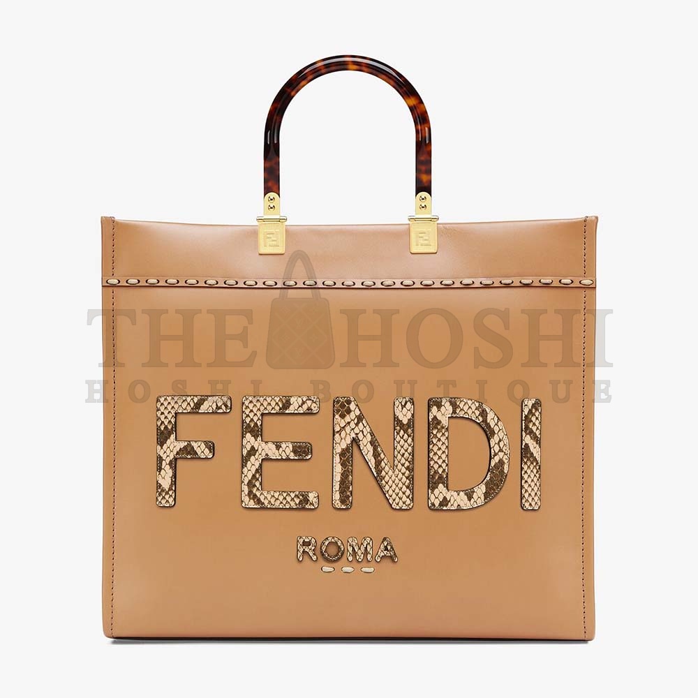 F**di Women Sunshine Medium Light Brown Leather and Elaphe Shopper Bag Master Quality