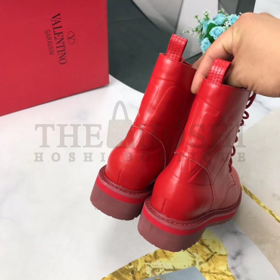Va1e*ntin0 Red Leather VLogo Combat Boots Master Quality