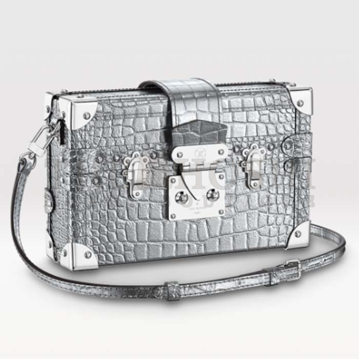 L0vis Vvtt0n LV Women Petite Malle Handbag Metallise Froisse Silver Brilliant Alligator Leather Master Quality