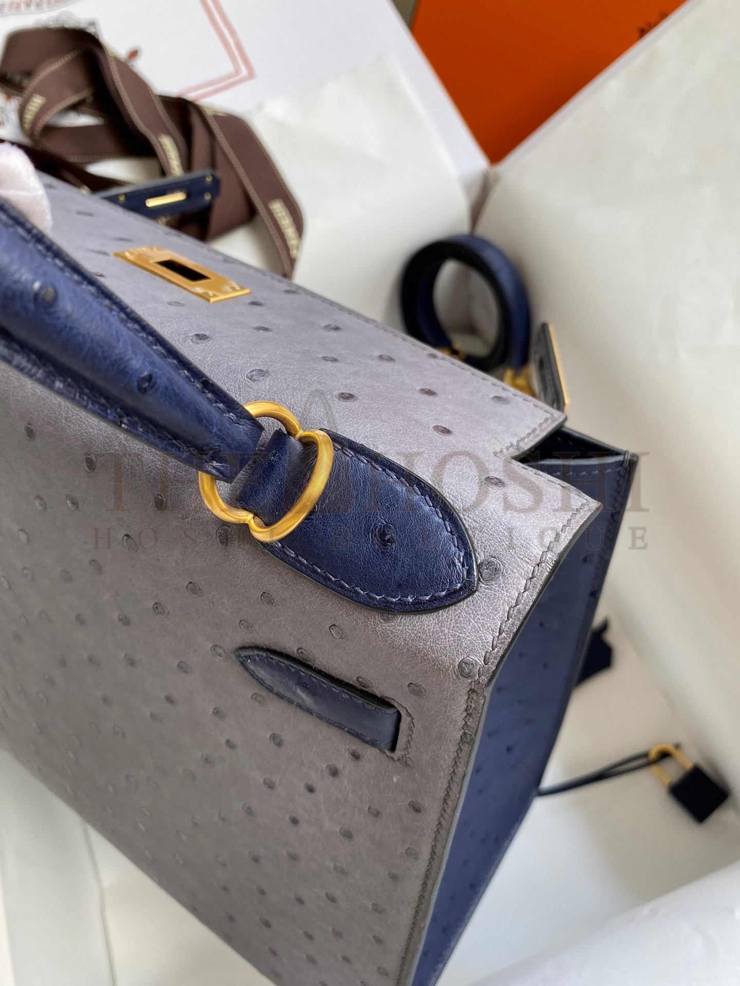 H**me5 Kelly Sellier 25 Bicolor Bag in Gris Agate and Blue Ostrich Leather Master Quality