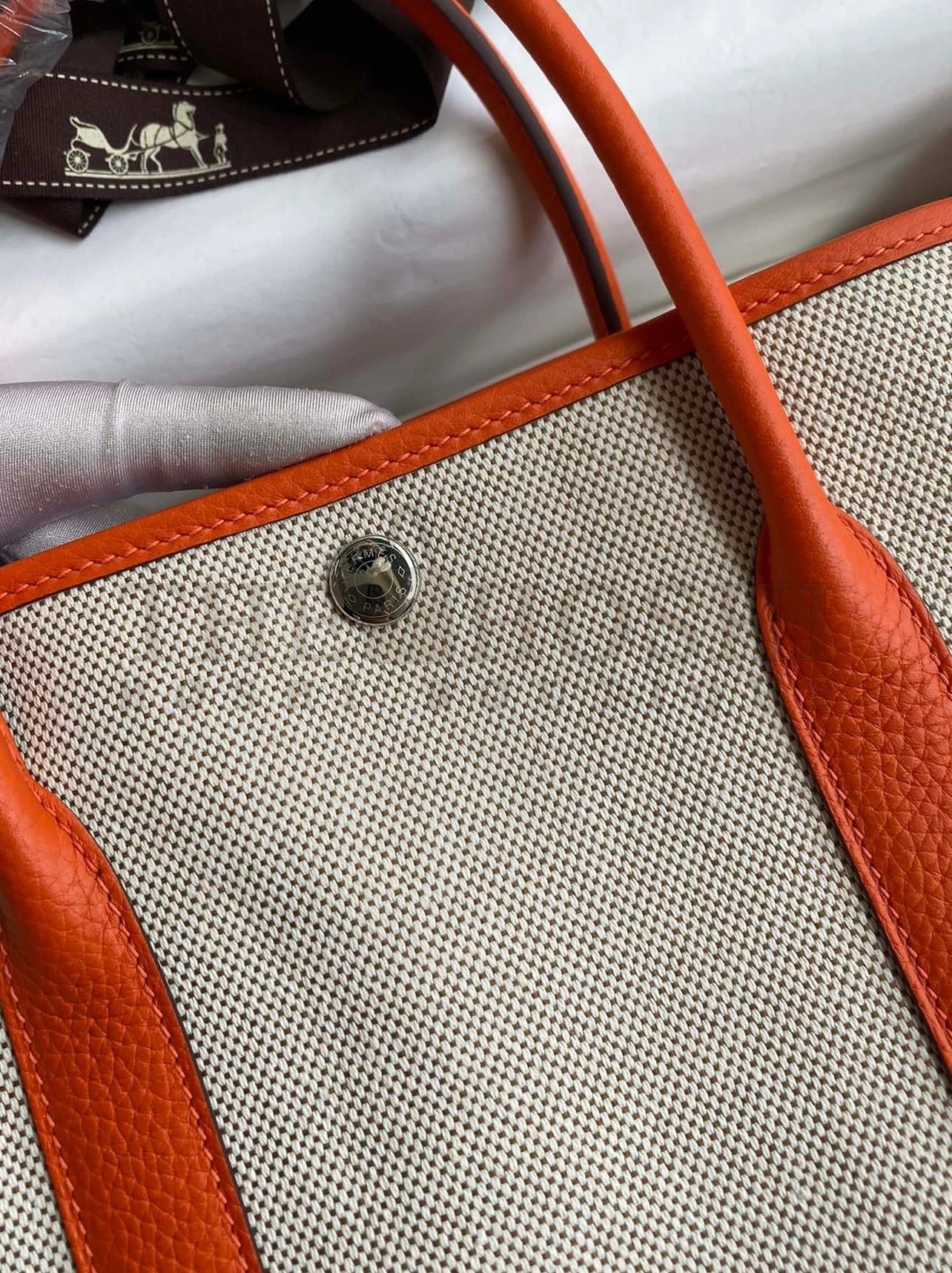 H**me5 Garden Party 30 Handmade Bag in Toile and Orange Leather Master Quality