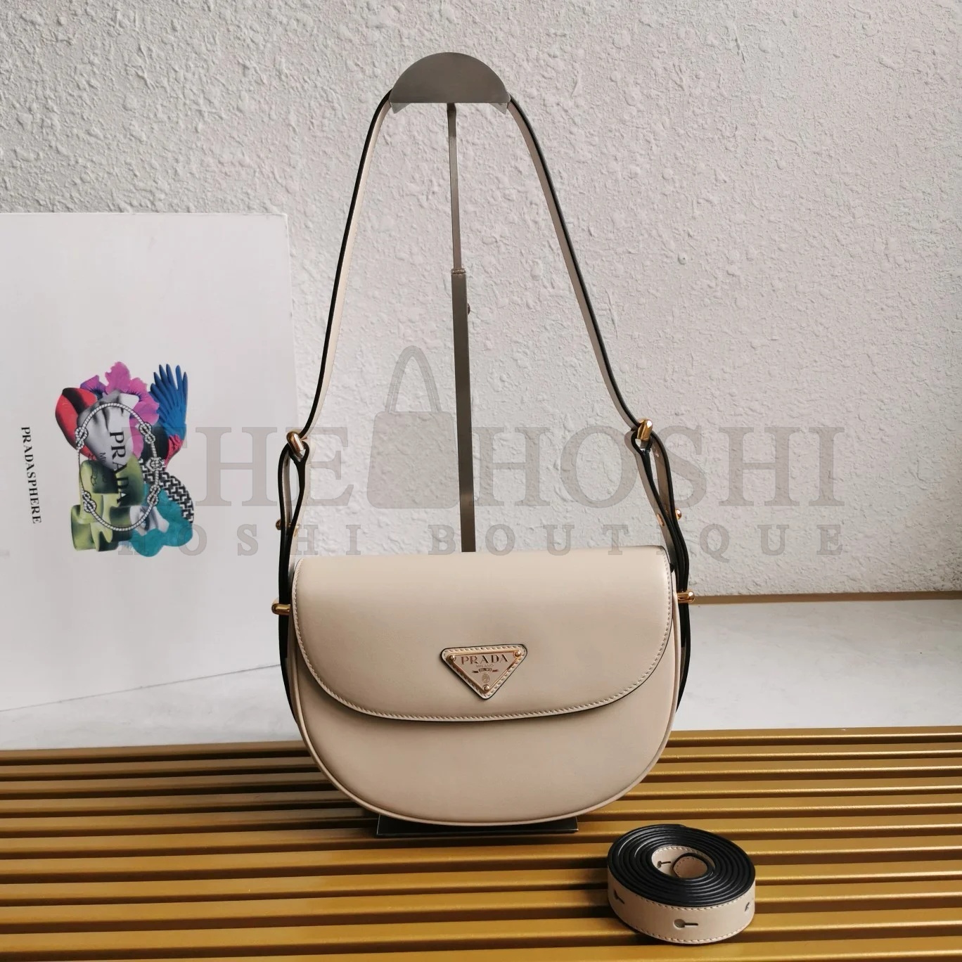 Pra*a Arque Shoulder Bag with Flap in Beige Leather Master Quality