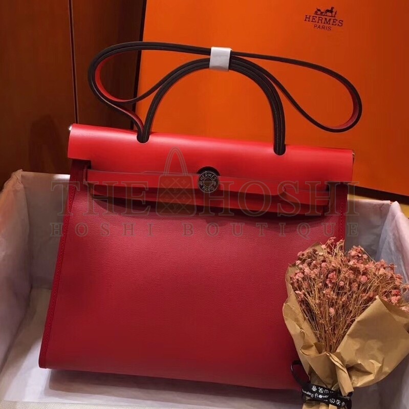 H**me5 Herbag Zip 31cm Bag In Red Toile And Leather Master Quality