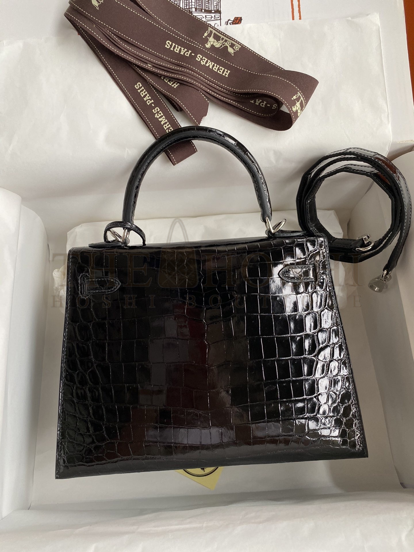 H**me5 Kelly Sellier 25 D1am0nd Bag In Black Crocodile Niloticus Shiny Skin Master Quality