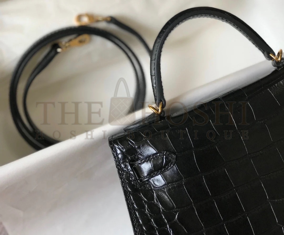 H**me5 Kelly Mini II Sellier Bag In Black Crocodile Embossed Leather Master Quality
