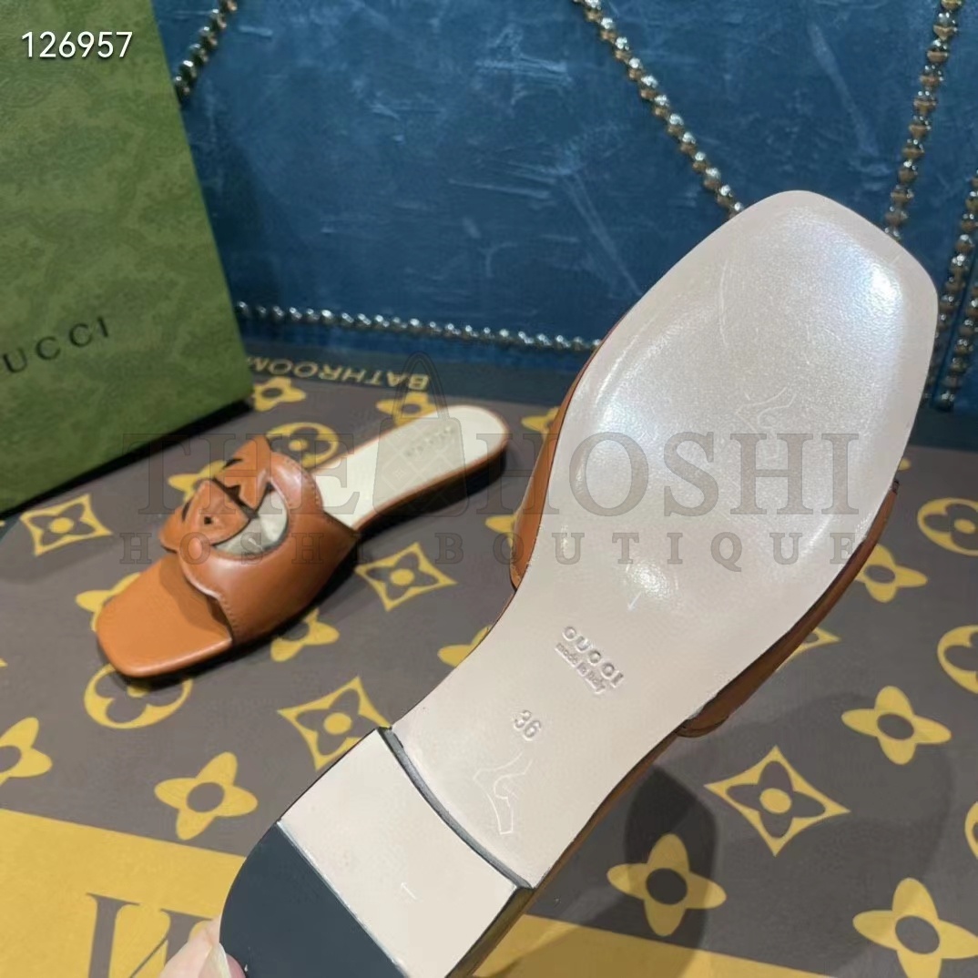 Gvc*1 Unisex Interlocking G Slide Sandals Orange Leather Cut-Out Flat Master Quality