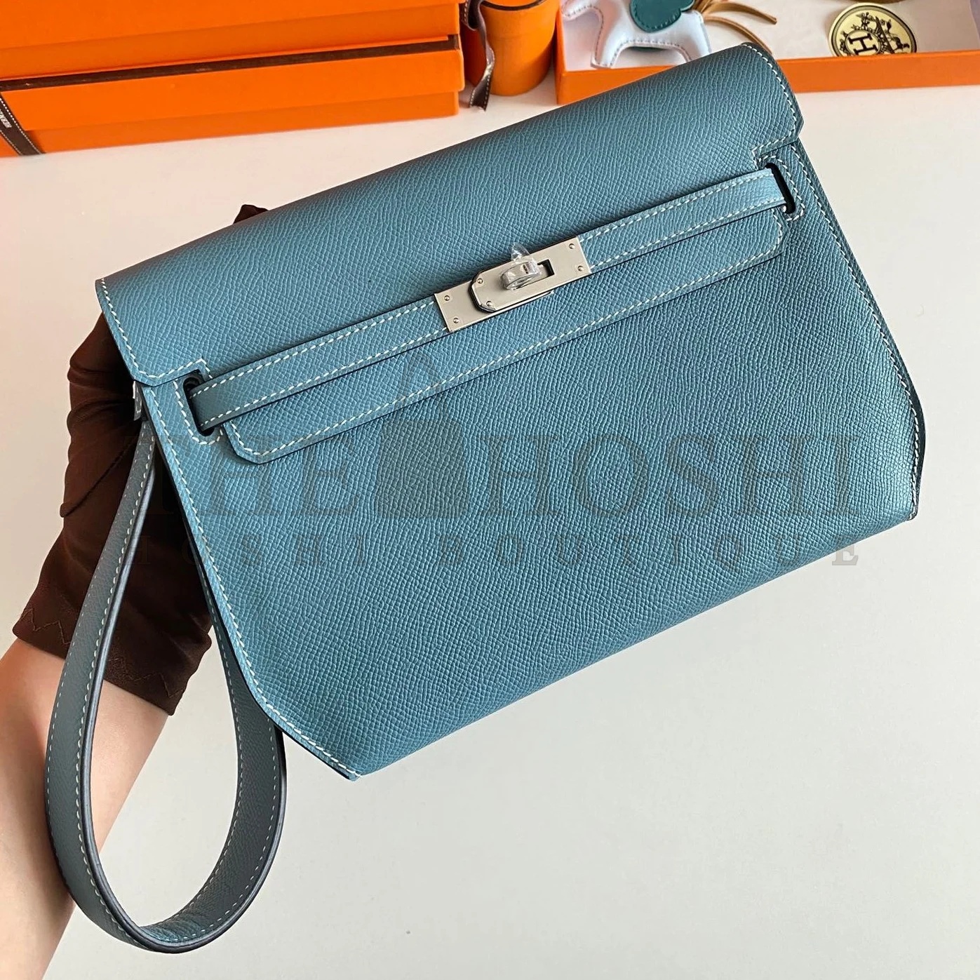 H**me5 Kelly Depeches 25 Pouch in Blue Jean Epsom Calfskin Master Quality