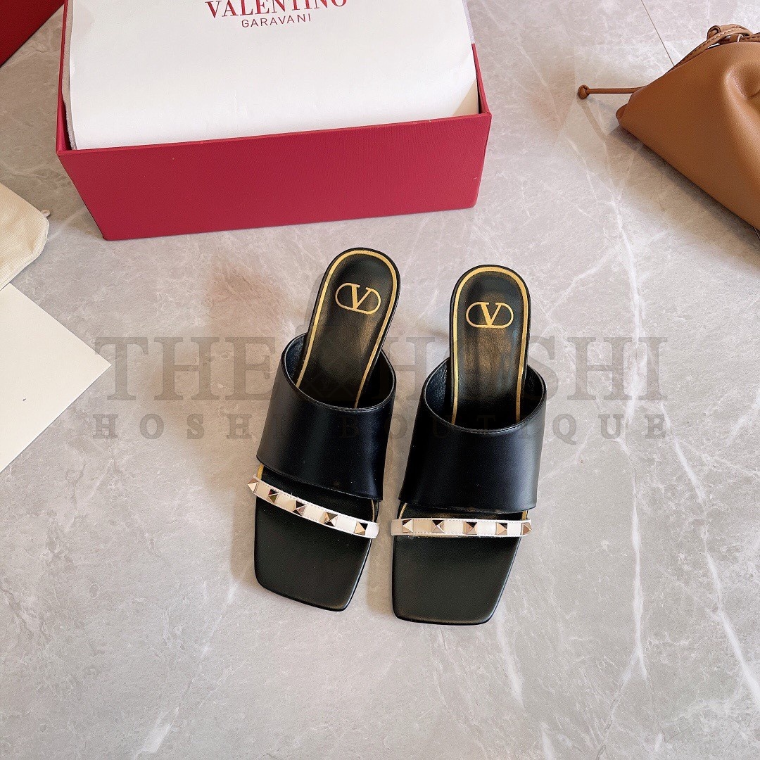 Va1e*ntin0 Black Rockstud Slide Sandals With Sculpted Heel Master Quality