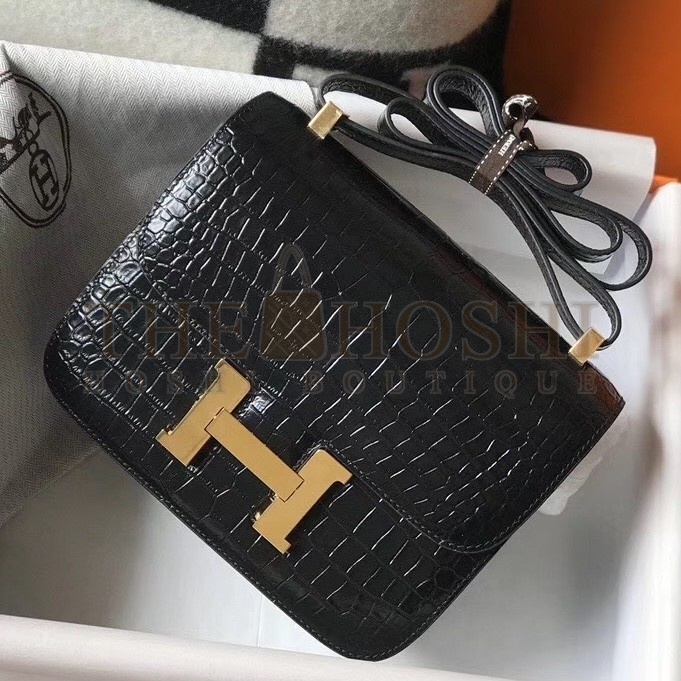 H**me5 Constance 18cm Bag In Black Embossed Crocodile Master Quality