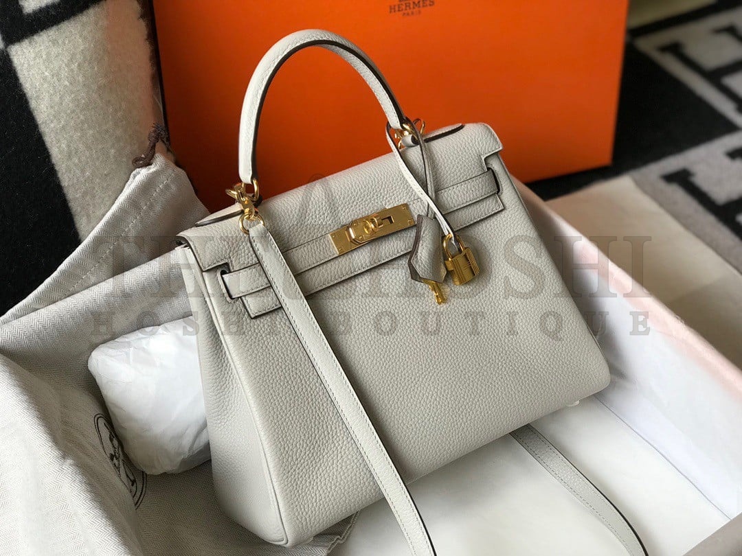 H**me5 Kelly 28cm Retourne Bag in Pearl Grey Clemence Leather GHW Master Quality