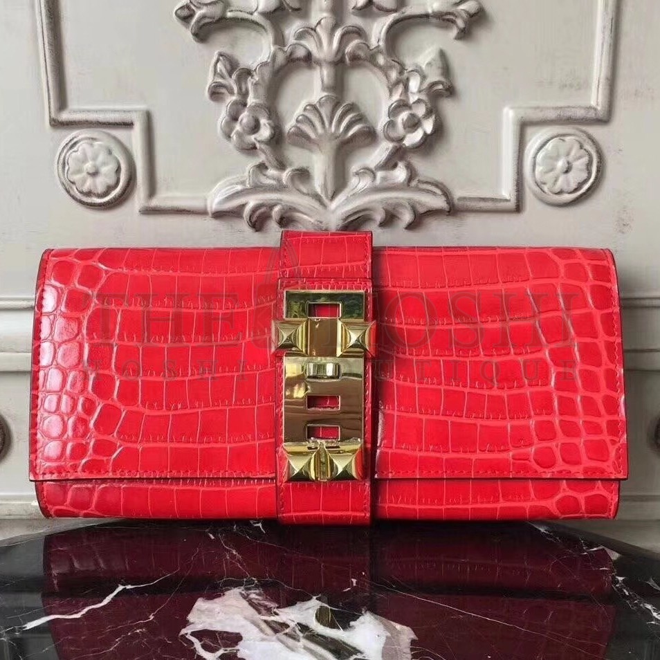 H**me5 Medor Clutch Bag In Cherry Crocodile Leather Master Quality