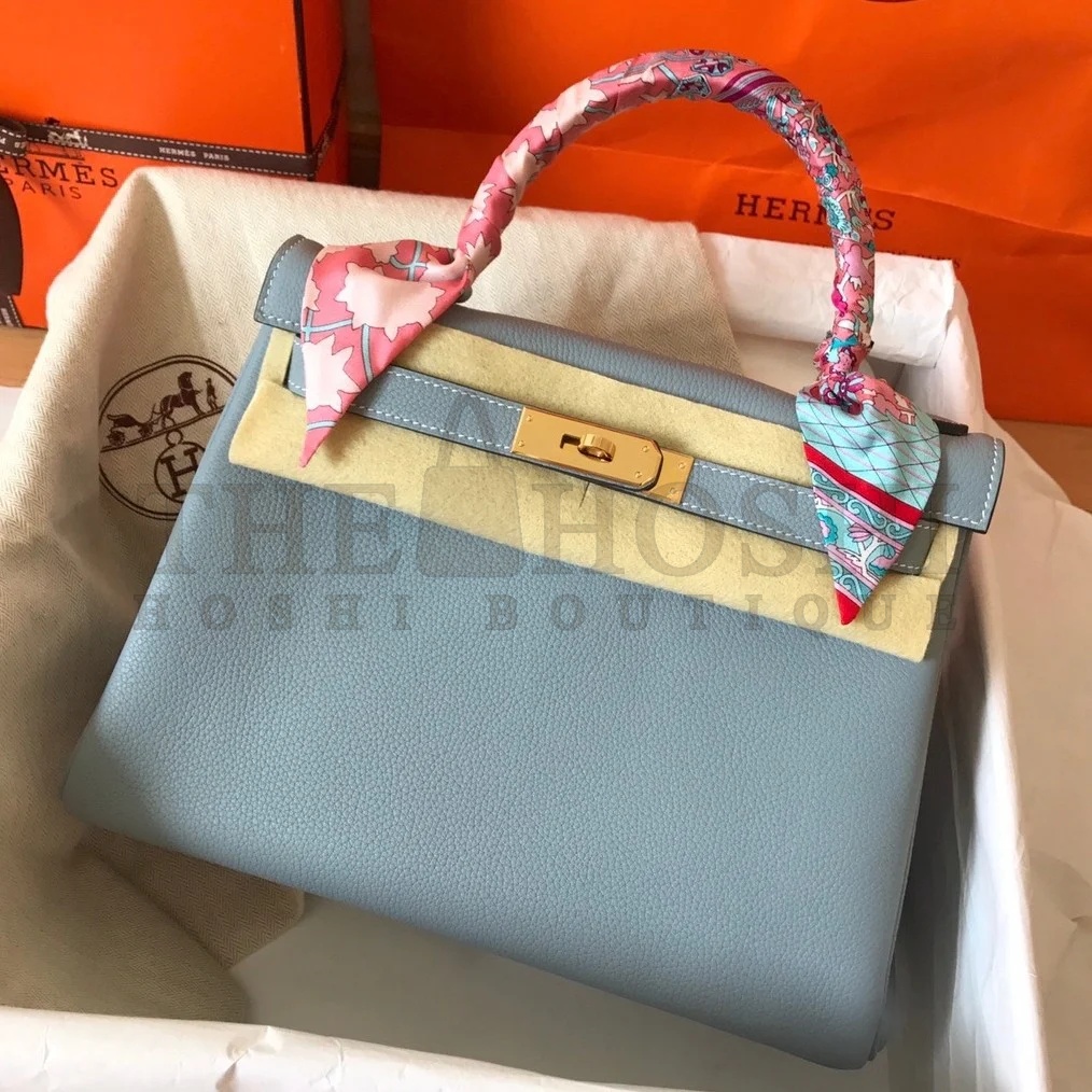 H**me5 Kelly Retourne 28 Handmade Bag In Blue Lin Clemence Leather Master Quality