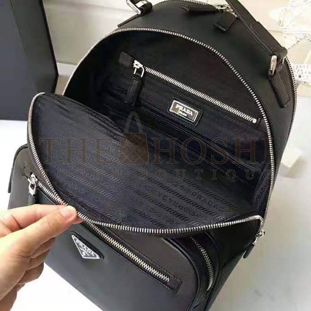 Pra*a Unisex Saffiano Leather Backpack Metal Hardware-Black Master Quality