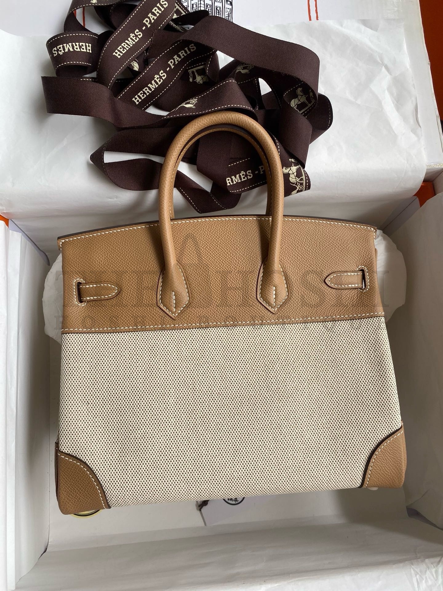 H**me5 Birkin 25 Handmade Bag In Toile &amp; Chai Epsom Leather Master Quality