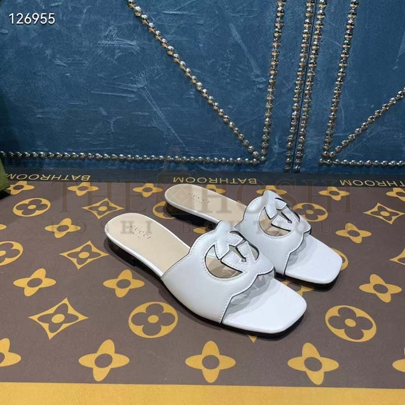 Gvc*1 Unisex Interlocking G Cut-Out Slide Sandals White Leather Flat 1 cm Heel Master Quality