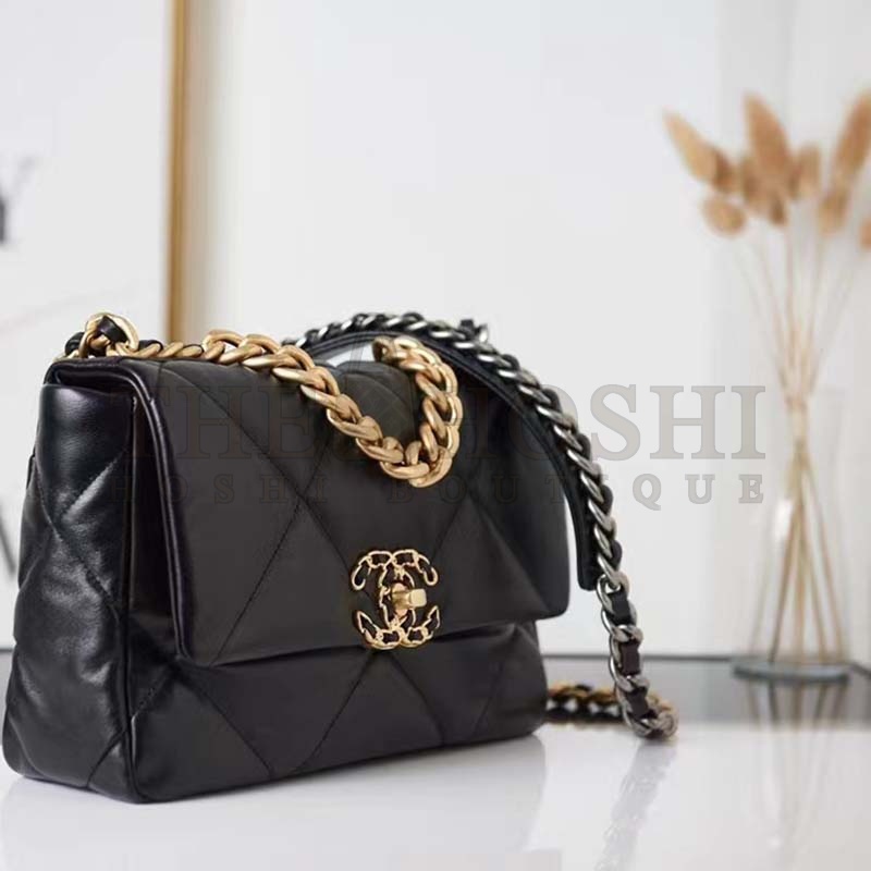 Ch**el Women 19 Large Handbag Black Lambskin Gold Silver-Tone Ruthenium-Finish Metal Master Quality
