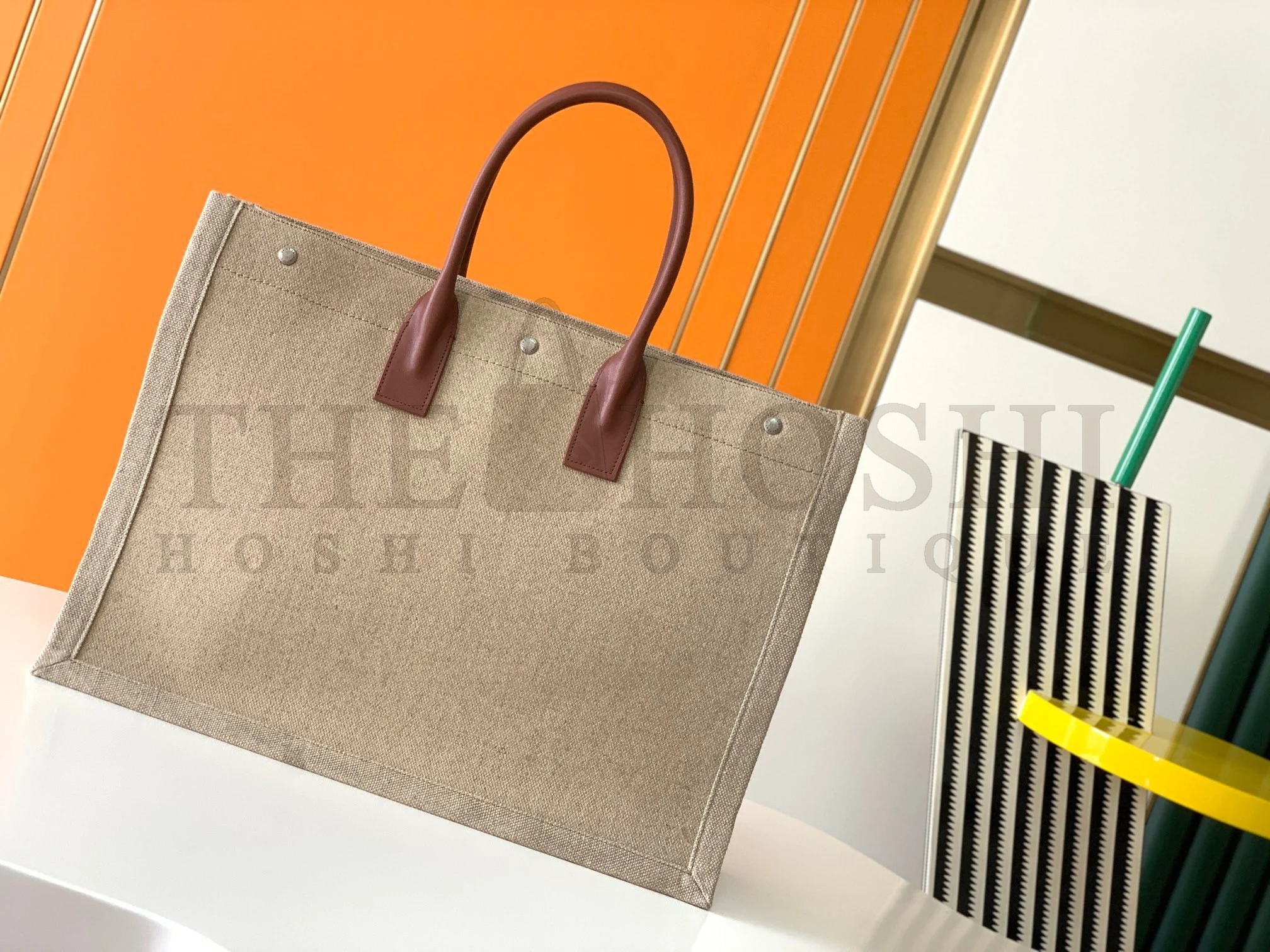Sa1nt Lau*nt Rive Gauche Tote Bag in White Linen and Brown Leather Master Quality