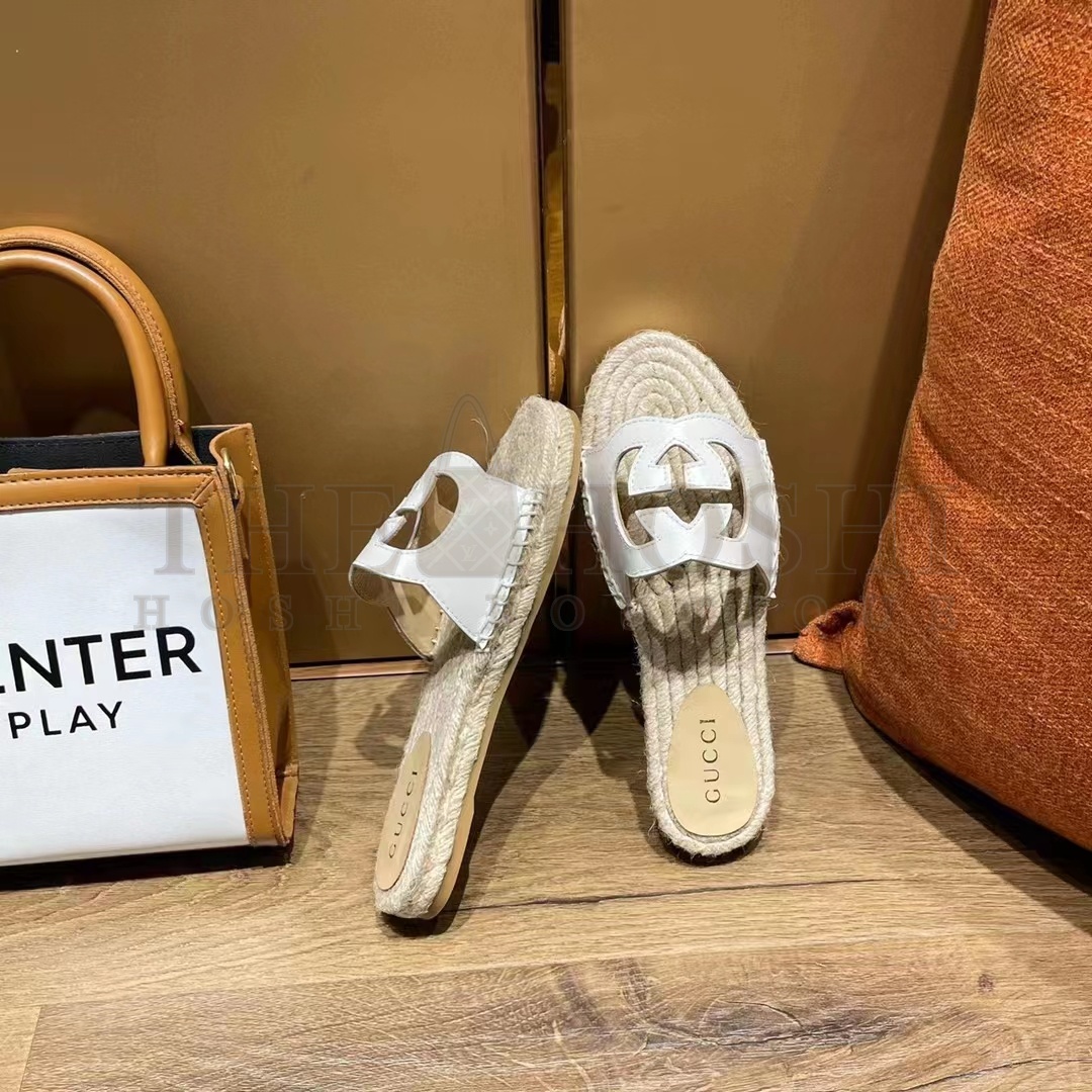 Gvc*1 Unisex Interlocking G Cut-Out Slide Sandals White Leather Flat 2 cm Heel Master Quality