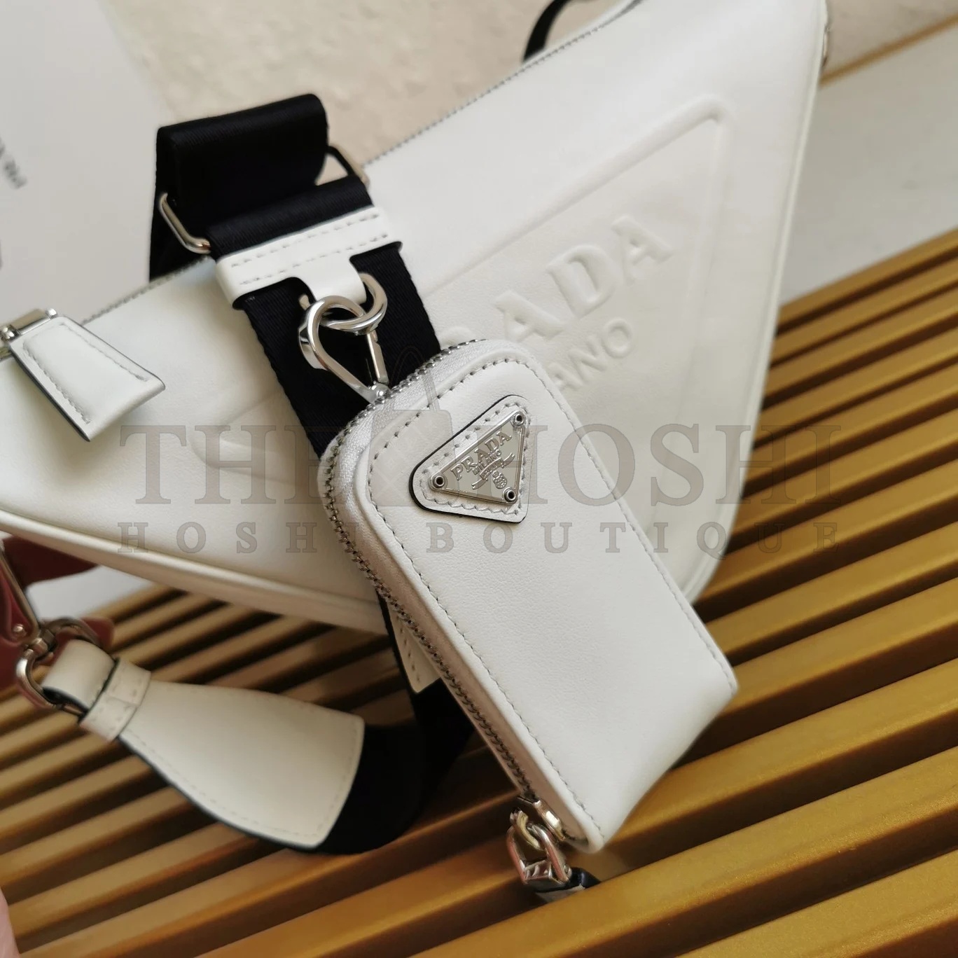 Pra*a Triangle Shoulder Bag In White Calfskin Master Quality