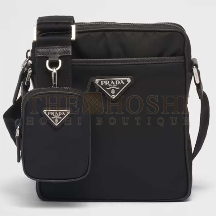 Pra*a Unisex Re-Nylon Saffiano Shoulder Bag Black Zipper Closure Fabric Leather Master Quality