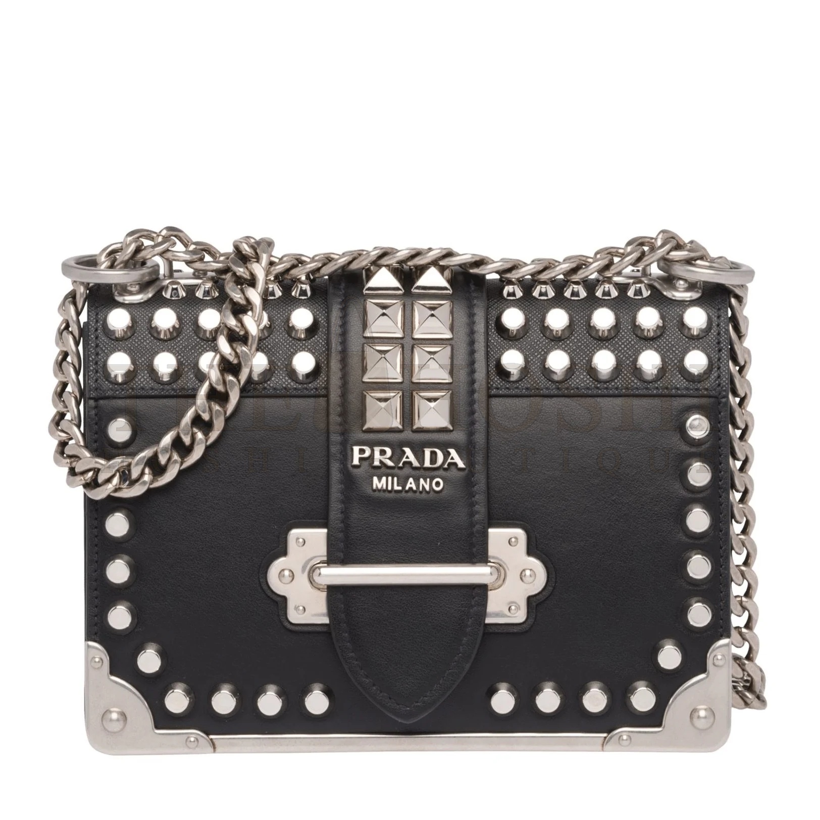 Pra*a Cahier Black Leather Shoulder Bag with Studded Master Quality