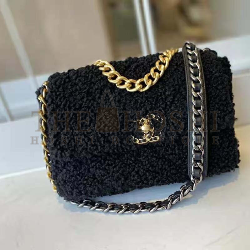 Ch**el Women Ch**el 19 Large Flap Bag Tweed Gold-Silver-Tone &amp; Ruthenium-Finish Metal Black Master Quality