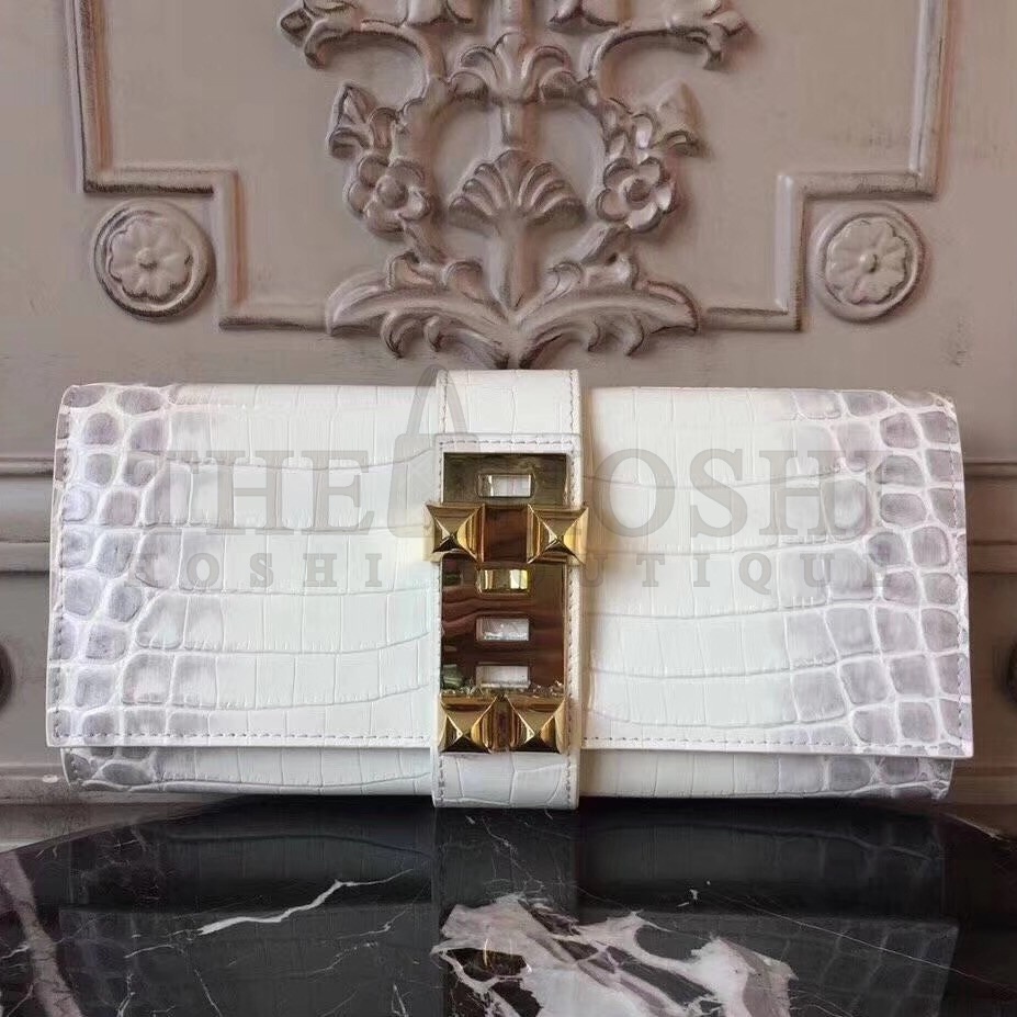 H**me5 Medor Clutch Bag In White Crocodile Leather Master Quality