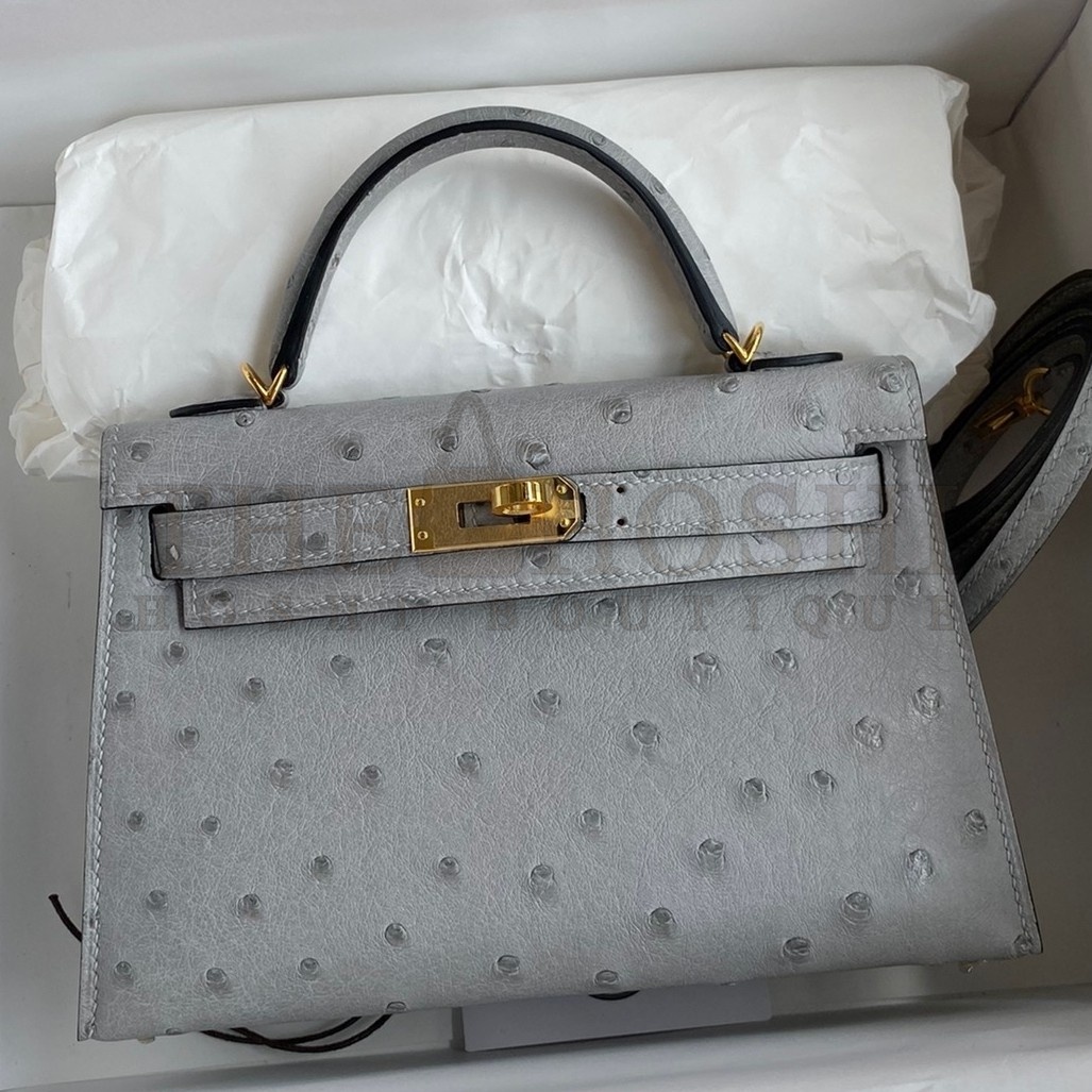 H**me5 Kelly Mini II Sellier Handmade Bag In Bleu Glacier Ostrich Leather Master Quality